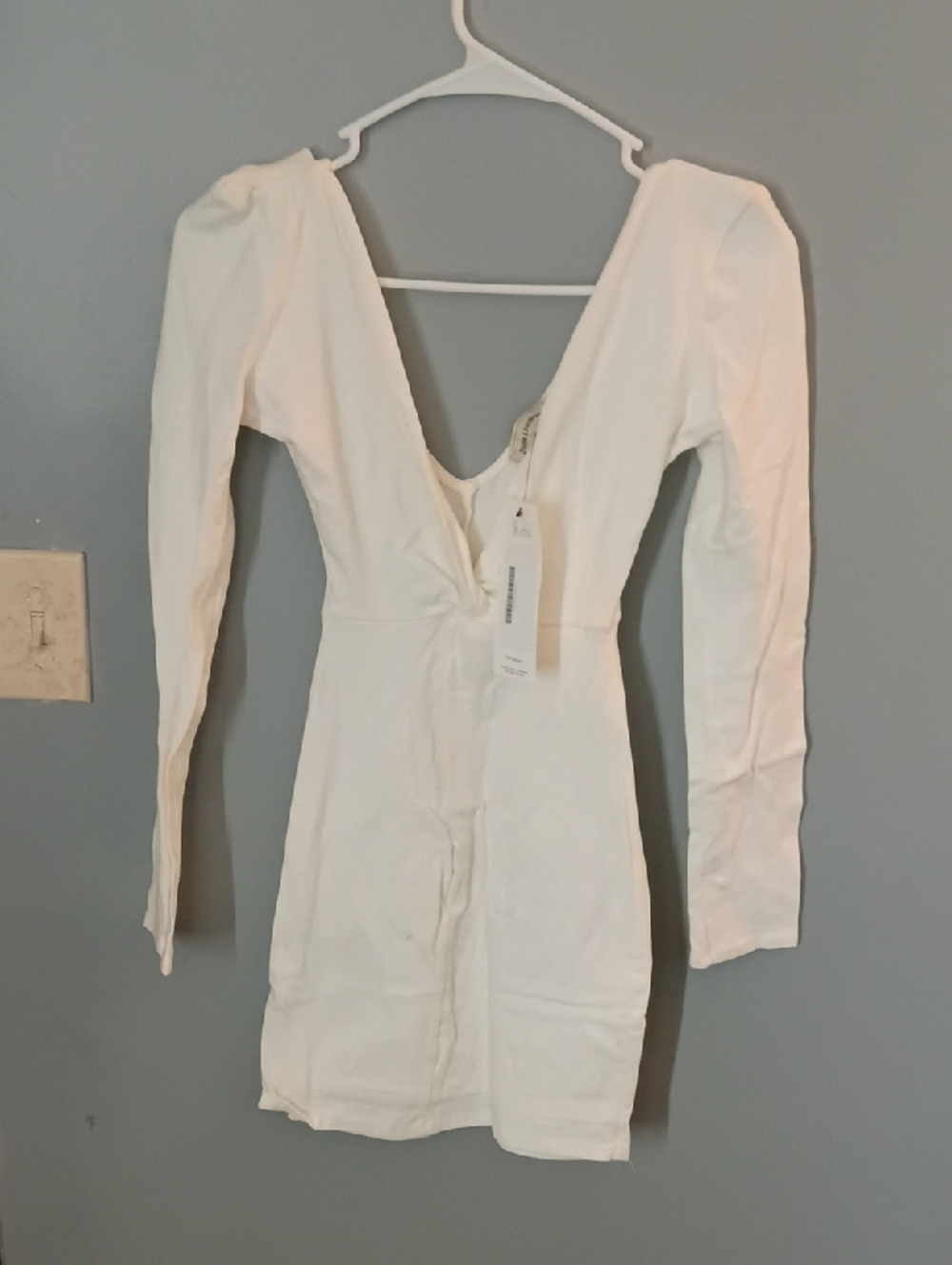 june & hudson White Long Sleeve V-Neck Bodycon Mini Dress